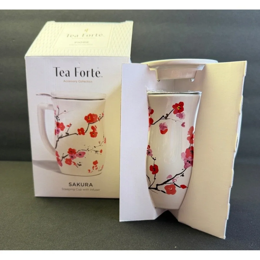 Tea Forte‎ Ceramic Fiore Cup Removeable Stainless Infuser Basket Handle Lid NEW